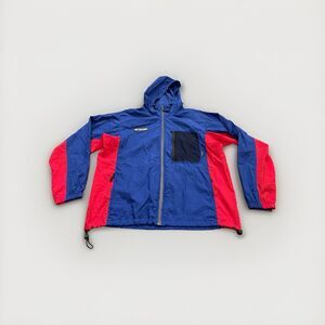 Vintage Columbia Mens Blue Red Packable Full Zip Hooded Raincoat Jacket Size L